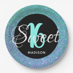 Elegant Sweet 16 Aqua Blue Glitter Personalized Paper Plate