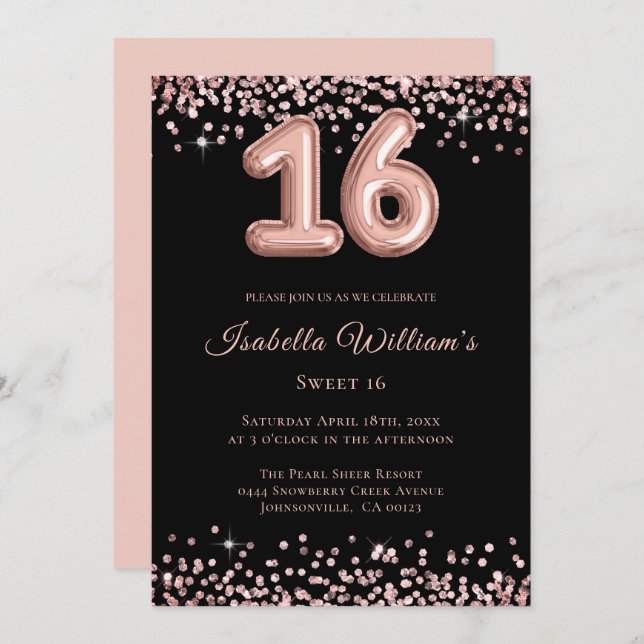 Elegant Sweet 16 Birthday Balloon Black Glitter Invitation (Front/Back)