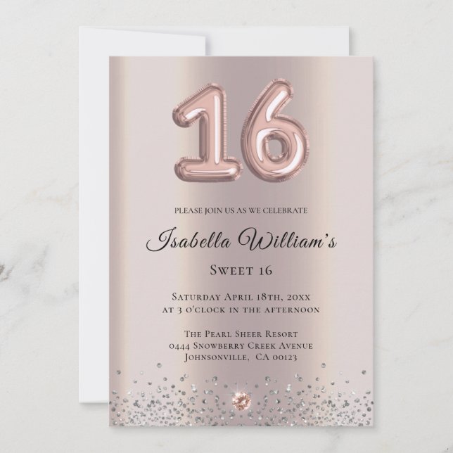 Elegant Sweet 16 Birthday Balloon Rose Gold Foil Invitation (Front)