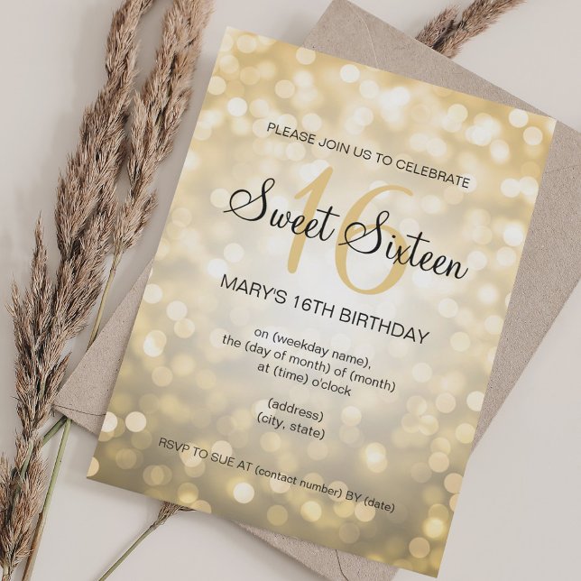 Elegant Sweet 16 Birthday Gold Glitter Lights Invitation (Elegant Sweet 16 Birthday Gold Glitter Lights Invitation)