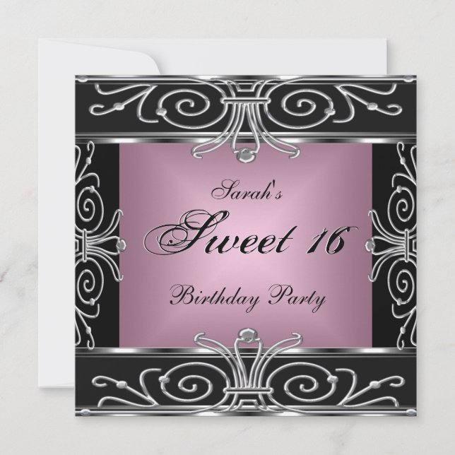 Elegant Sweet 16 Birthday Pink Black Silver Invitation (Front)