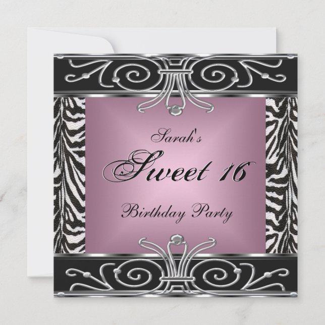 Elegant Sweet 16 Birthday Pink Zebra Black Silver Invitation (Front)