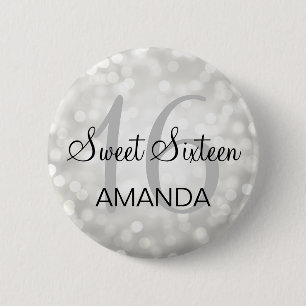 Elegant Sweet 16 Birthday Silver Glitter Lights 6 Cm Round Badge
