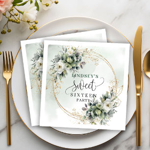 Elegant Sweet 16 Boho Napkins Watercolor Green Gol