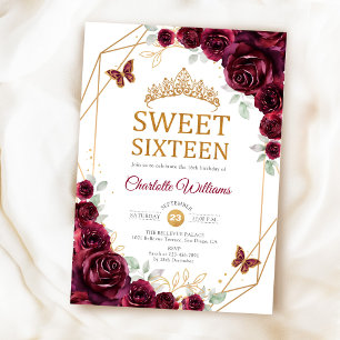 Elegant Sweet 16 Burgundy Roses Gold Invitation