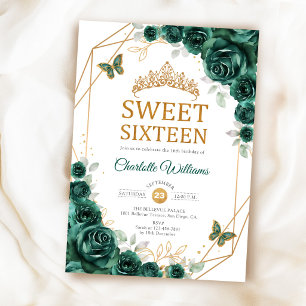 Elegant Sweet 16 Emerald Green Roses Gold Invitation