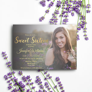 elegant sweet 16 gold chic calligraphy photo  invitation