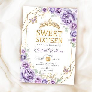 Elegant Sweet 16 Lilac Purple Roses Gold Invitation