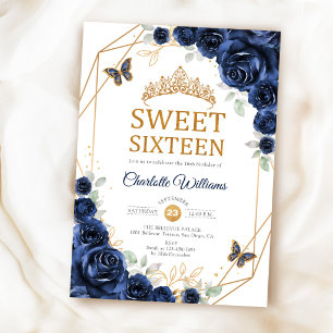 Elegant Sweet 16 Navy Blue Roses Gold Invitation