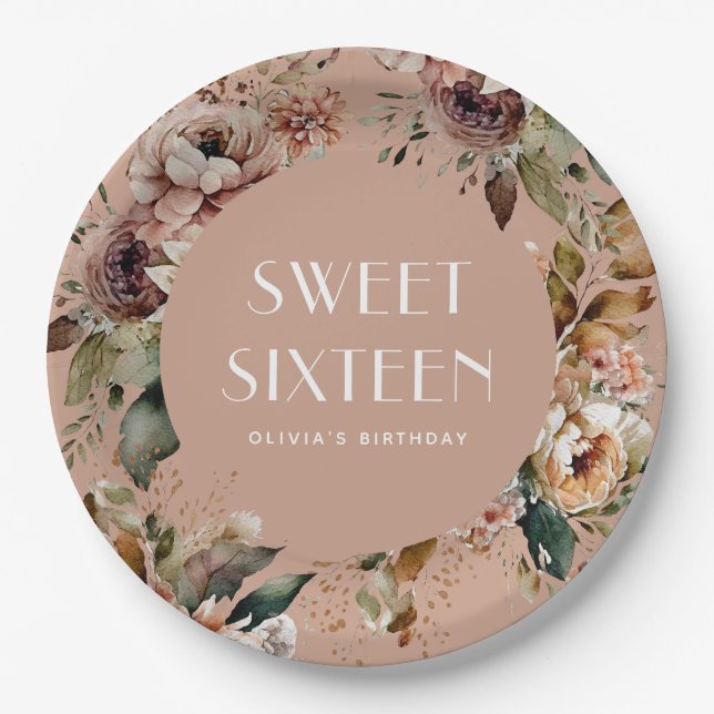 Elegant Sweet 16 Party | Chic Dusty Peach Floral Paper Plate (Front)