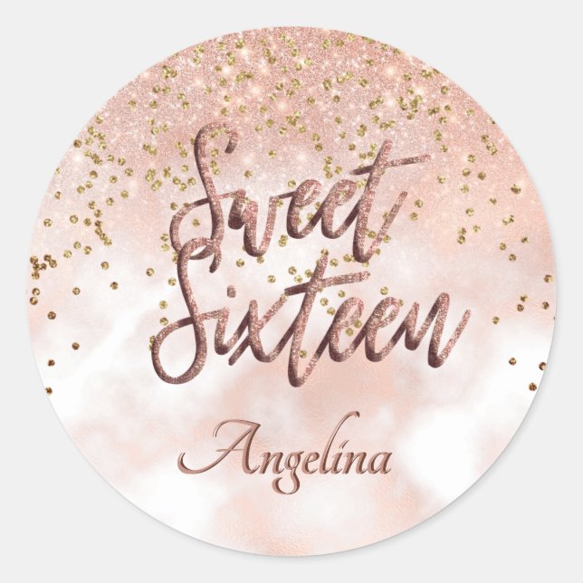 Elegant Sweet 16 Rose Blush Pink Gold Glitter Classic Round Sticker (Front)