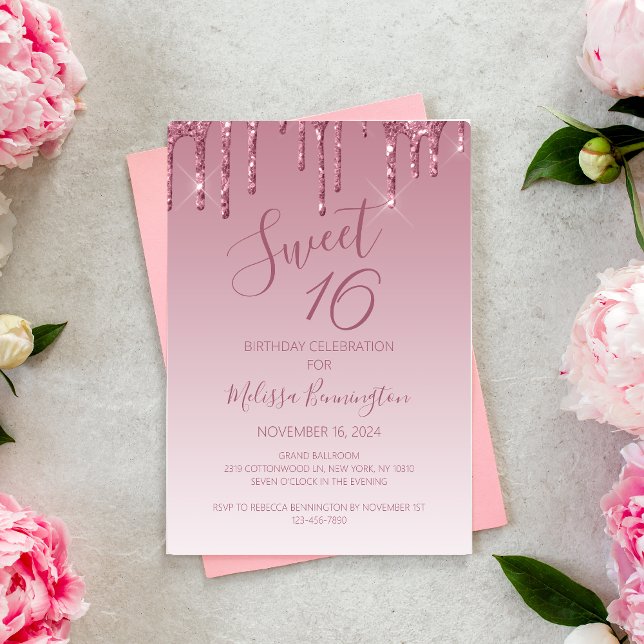Elegant Sweet 16 Rose Gold Pink Dripping Glitter Invitation (Creator Uploaded)