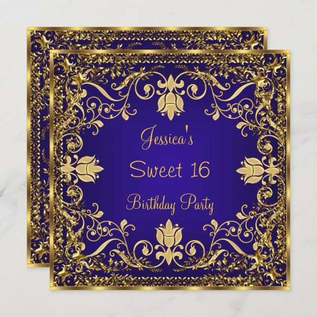 Elegant Sweet 16 Royal Blue Gold Invitation (Front/Back)