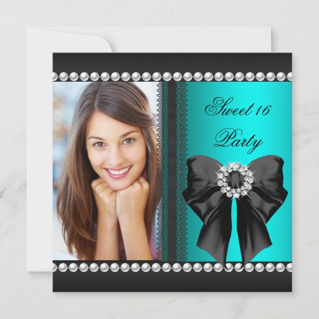 Elegant Sweet 16 Sixteen Teal Blue Diamonds Lace Invitation (Front)