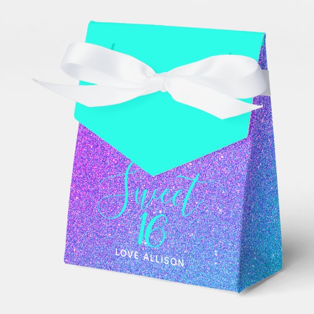 Elegant Sweet 16 Teal Purple Glitter Party Name Favour Box (Front Side)