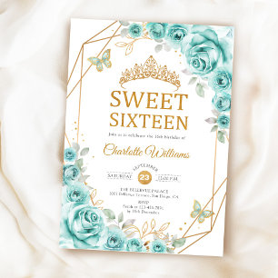 Elegant Sweet 16 Turquoise Roses Gold Invitation