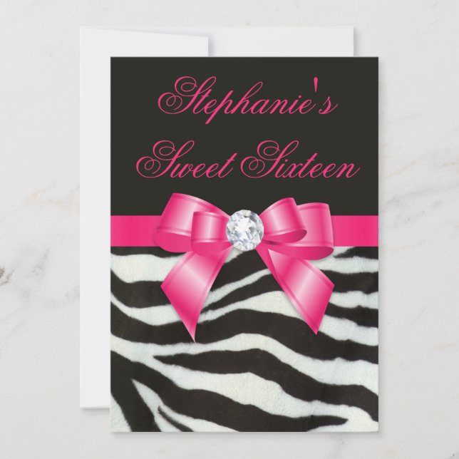Elegant Sweet 16 Zebra Stripes Hot Pink Bow Invitation (Front)