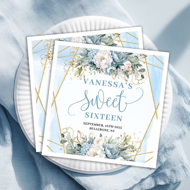 Elegant Sweet 16th Watercolor Floral Blue Napkins (Elegant Sweet 16th Watercolor Floral Blue Napkins)