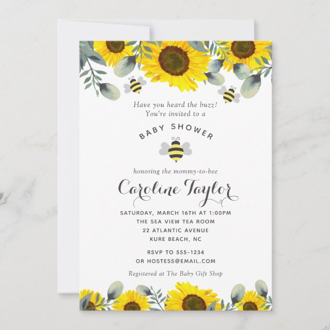 Elegant Sweet as Can Bee Sunflowers Baby Shower Invitation (Front)
