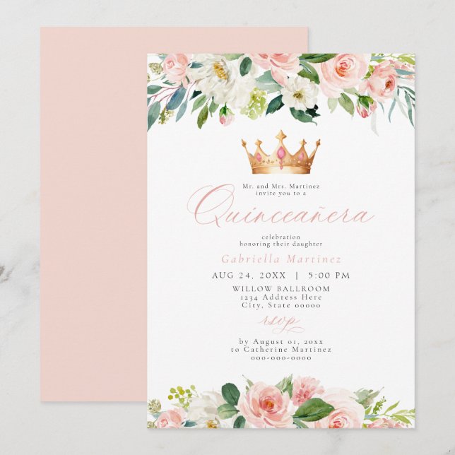 Elegant & Sweet Blush Pink Floral Quinceañera  Invitation (Front/Back)