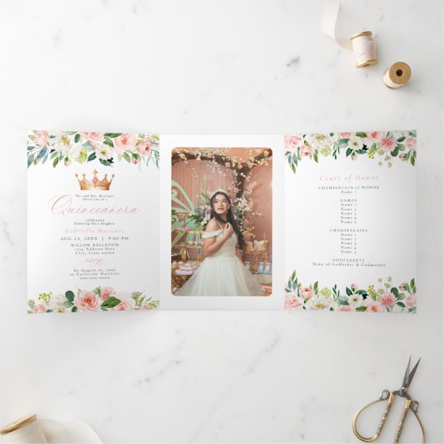 Elegant & Sweet Blush Pink Floral Quinceañera Tri-Fold Holiday Card (Inside)