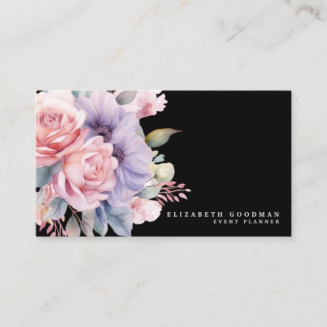 Elegant Sweet Flowers Black Business Cards (Front)