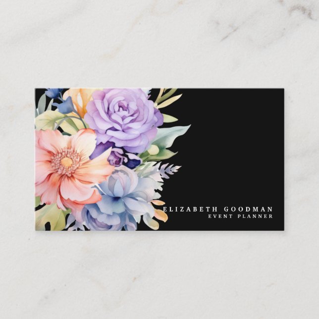 Elegant Sweet Flowers Black Business Cards (Front)