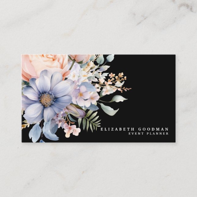 Elegant Sweet Flowers Black Business Cards (Front)