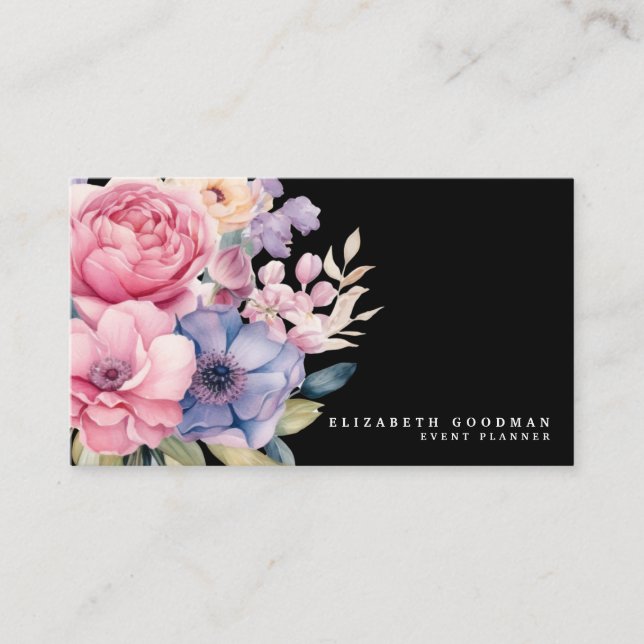 Elegant Sweet Flowers Black Business Cards (Front)