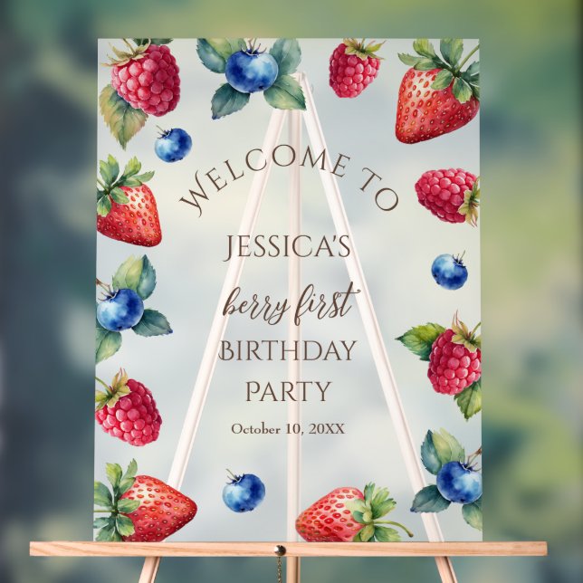 Elegant Sweet One Berry First Birthday Welcome Acrylic Sign (Neutral)