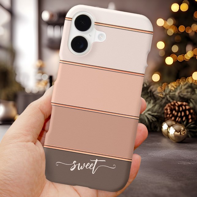 Elegant Sweet Peach Chocolate Striped Phone Case (Elegant phone case featuring a modern stripe in sweet chocolate and earth colors with rose gold)