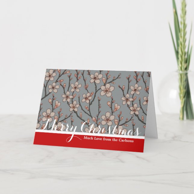 Elegant Sweet Pink Flower Blossom Cherry Pattern Holiday Card (Front)