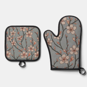 Elegant Sweet Pink Flower Blossom Cherry Pattern Oven Mitt & Pot Holder Set