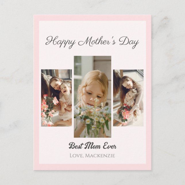  Elegant Sweet Pink Happy mothers Day Three photo Holiday Postcard (Front)