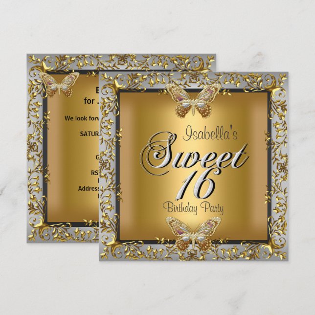 Elegant Sweet Sixteen 16 Gold Butterfly Invitation (Front/Back)