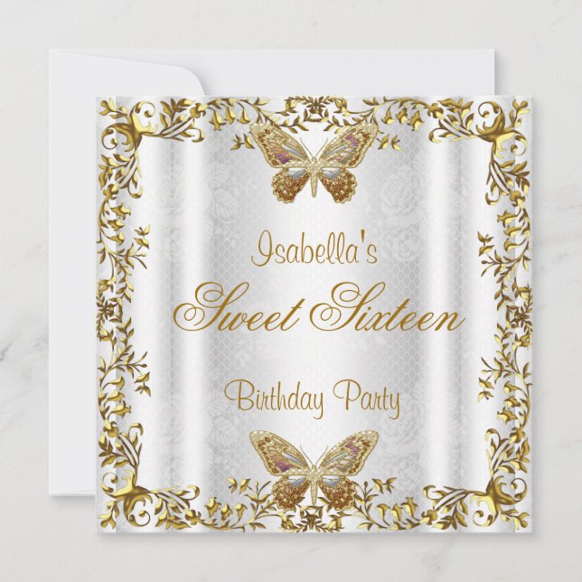 Elegant Sweet Sixteen 16 White Gold Butterfly 2 Invitation (Front)
