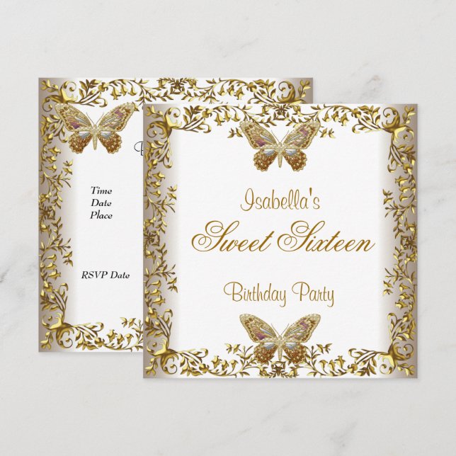 Elegant Sweet Sixteen 16 White Gold Butterfly Invitation (Front/Back)
