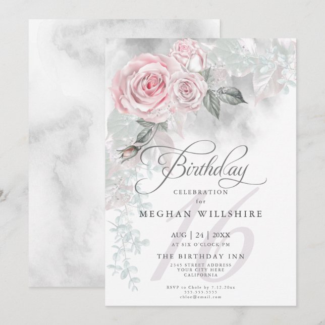 Elegant Sweet Sixteen Birthday Watercolor PinkRose Invitation (Front/Back)