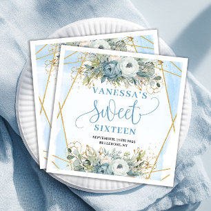 Elegant Sweet Sixteen Blue Floral Gold Frame Napkin