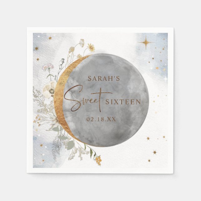 Elegant Sweet Sixteen Celestial Moon and Stars  Na Napkin (Front)