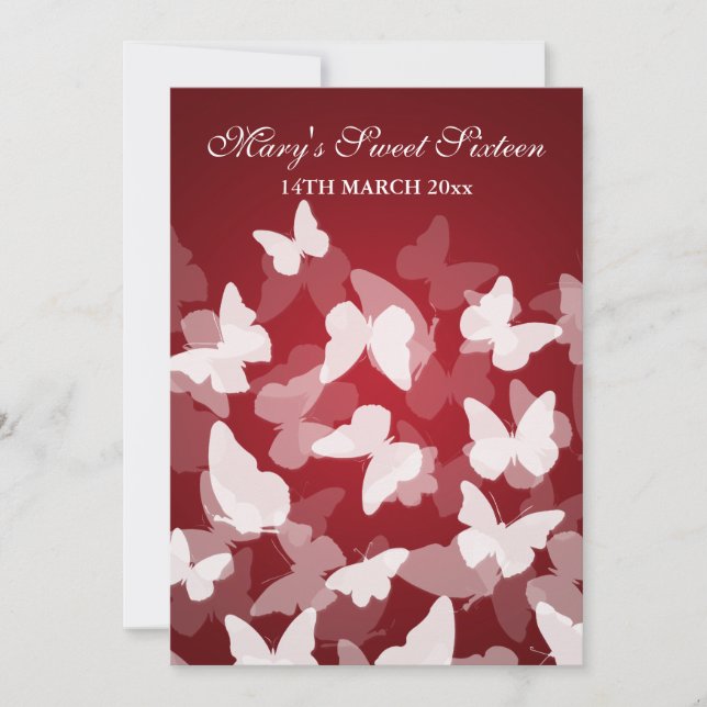 Elegant Sweet Sixteen Party Butterflies Red Invitation (Front)