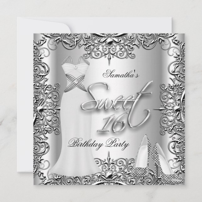 Elegant Sweet Sixteen Sweet 16 Party Silver White Invitation (Front)