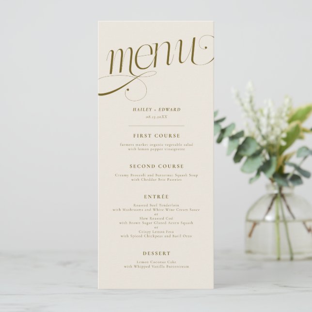 Elegant Swirl Cream Wedding Menu (Standing Front)