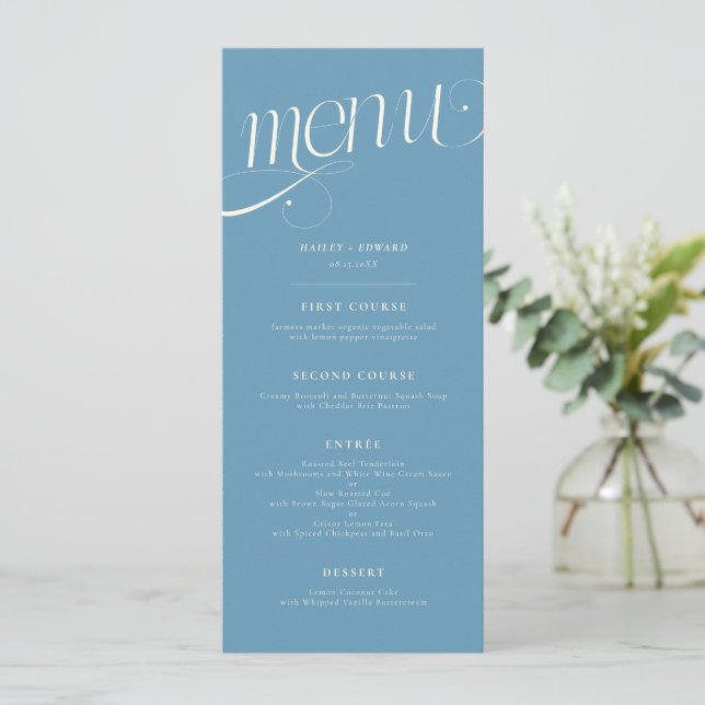 Elegant Swirl Denim Blue Wedding Menu (Standing Front)