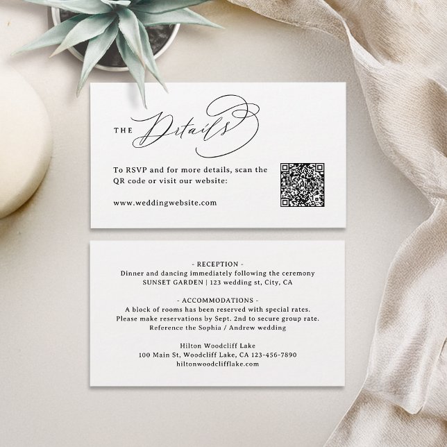 Elegant Swirl Script QR Code Wedding Details Place Card (Elegant Swirl Script QR Code Wedding Details Place Card)