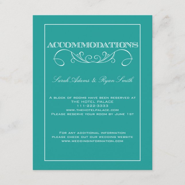 Elegant Swirl Turquoise Accommodations Card (Front)