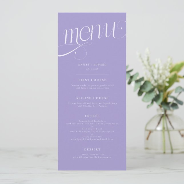 Elegant Swirl Violet Wedding Menu (Standing Front)
