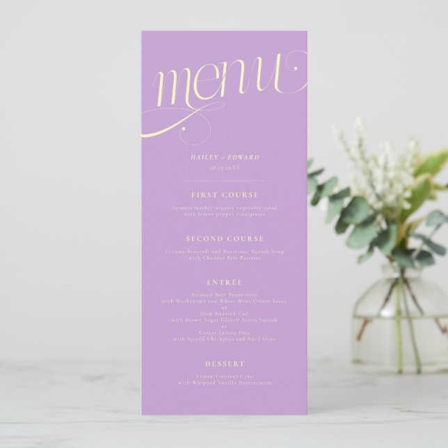 Elegant Swirl Wisteria Wedding Menu (Standing Front)