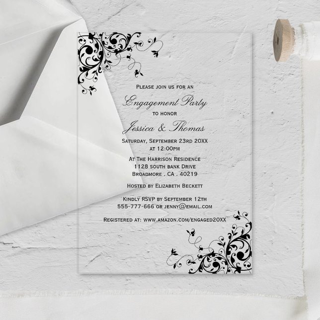 Elegant Swirls Black & White Engagement Party Acrylic Invitations (Creator Uploaded)