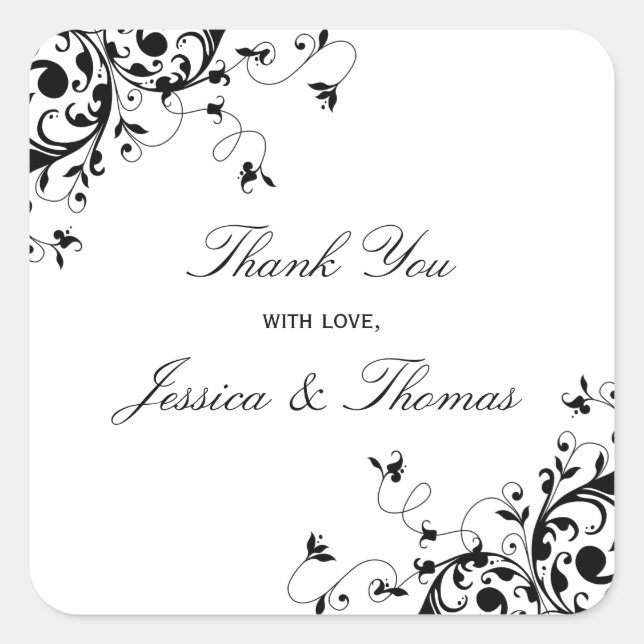 Elegant Swirls Black & White Wedding Favour Or Sea Square Sticker (Front)